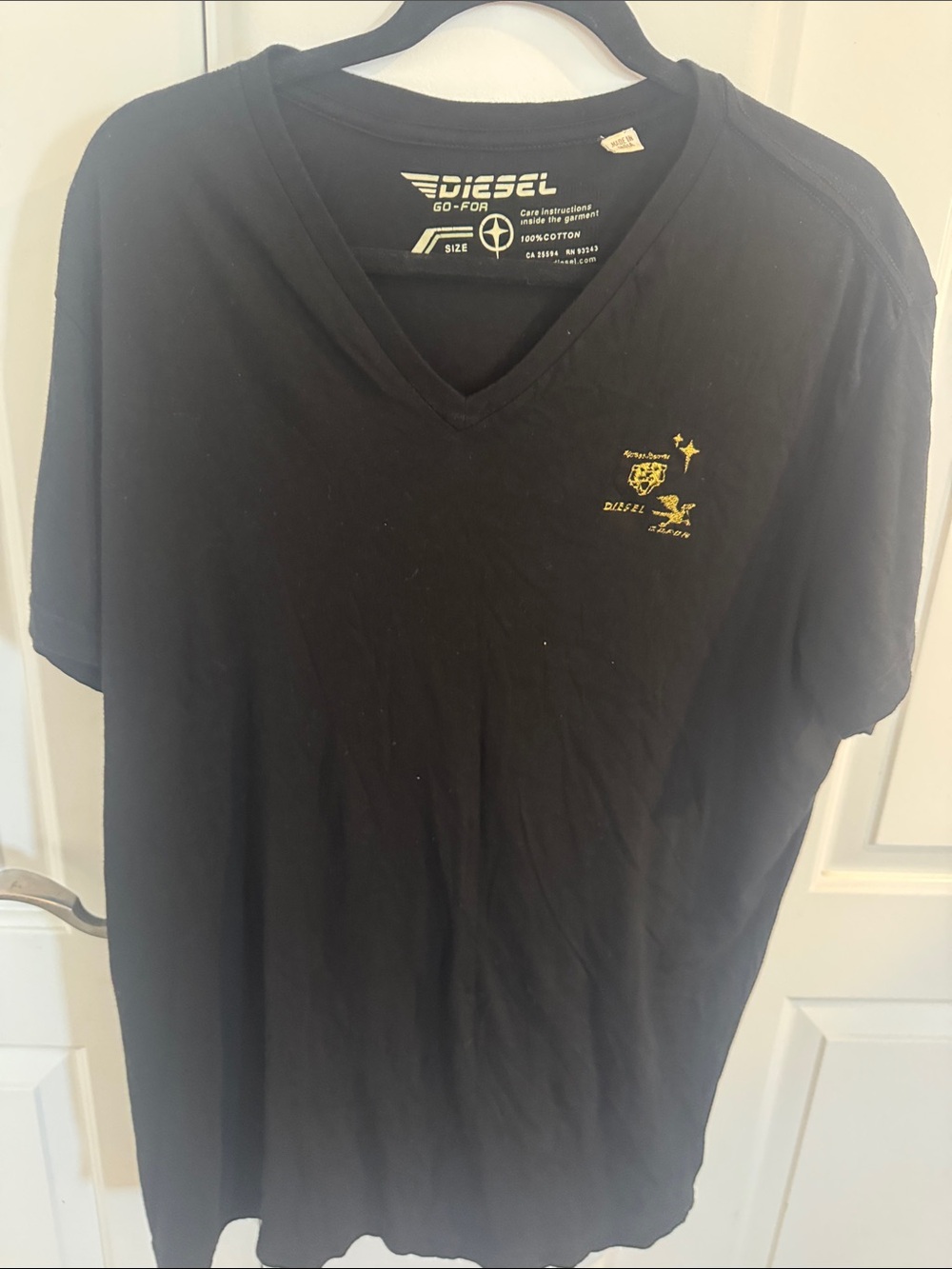 Diesel Black V-Neck Tee with Small Yellow Chest Logo